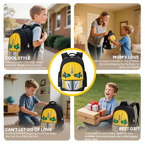 Kids Backpack with Glowing Eyes & 3D Cartoon Panels for Boys Ages 4-12 - Interactive School Bag, Durable Design for Kindergarten, Day Trips and Back to School Gifts (Large size yellow)
