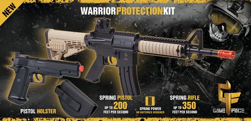 Game Face GFR37PKT Warrior Protection Spring-Powered Airsoft Rifle And Pistol Kit, Earth/Black