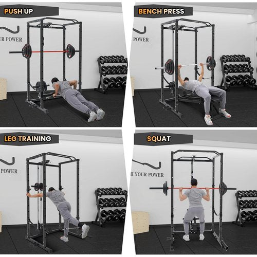 Power Cage with LAT Pulldown, Multi-Functional Power Rack with Cable Pulley System and J-Hooks, Squat Rack with Dip Bars and Landmine Attachment, Weight Cage for Home Gym Equipment (Black)