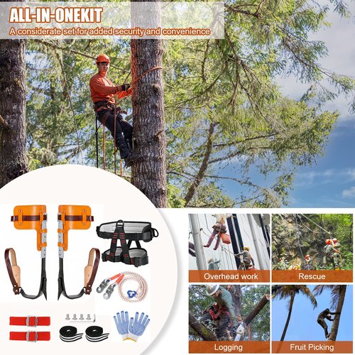 JATCSG Upgrade Cowhide Tree Climbing Spikes Set, Tree Climbing Gear with Adjustable Climbing Belt and Rope, Leather Forged Tree Climbing Tool Non-Slip Pedal for Climbing, Sports, Working