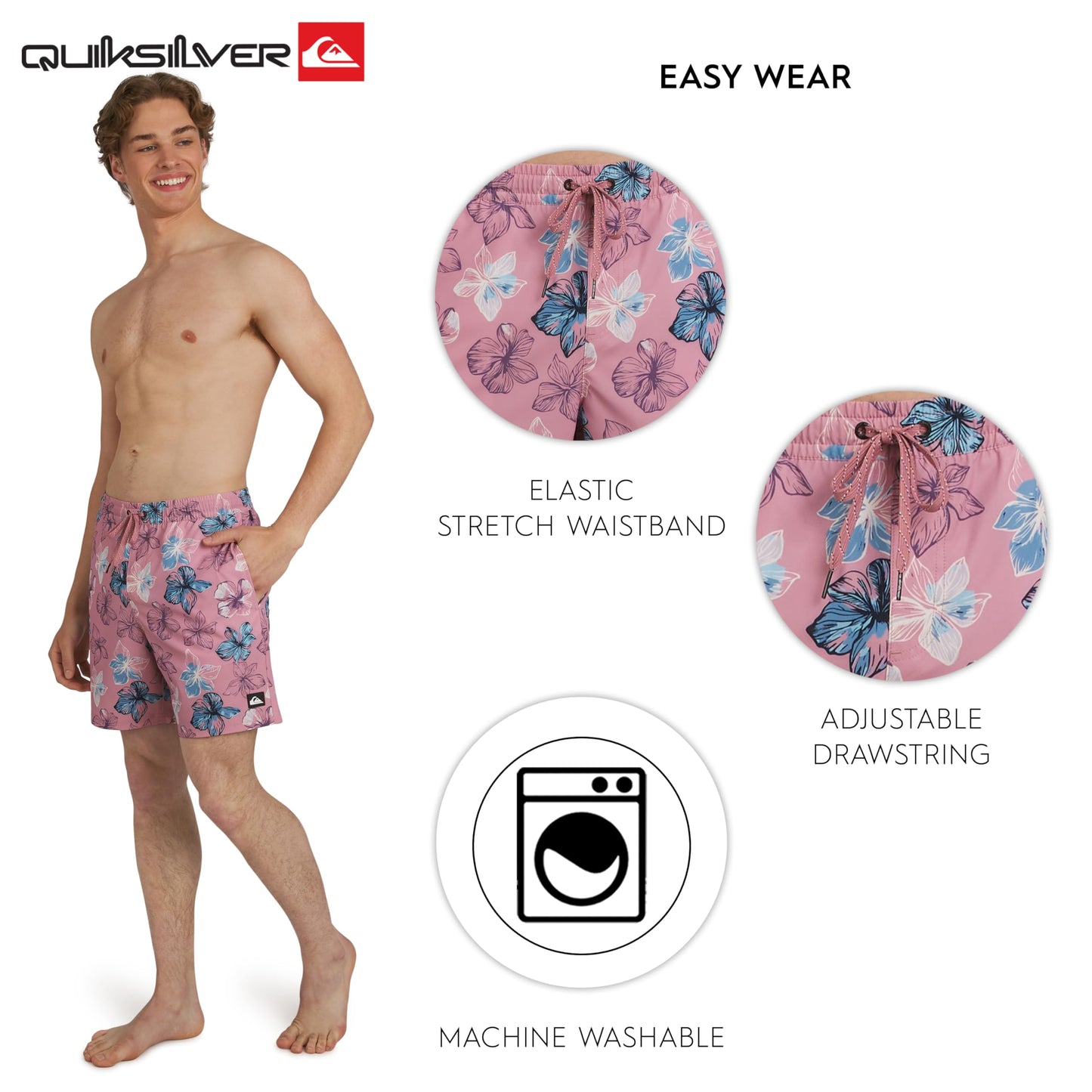 Quiksilver Men's Swimwear Regular Fit Stretchable Comfort Liner Swim Trunks, Floral Design - Dusty Rose, Medium