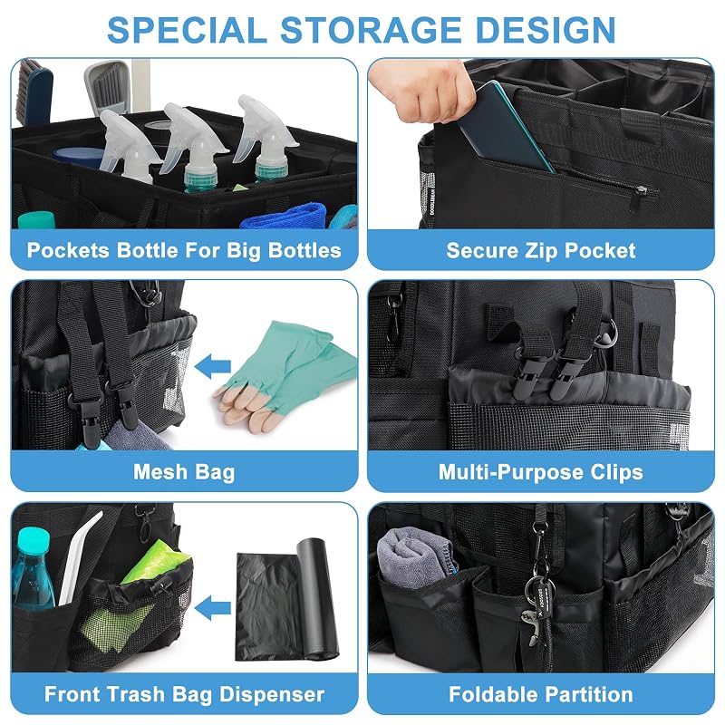 Large Cleaning Caddy Organizer with Adjustable Strap & 4 Dividers – Waterproof Nylon Tote