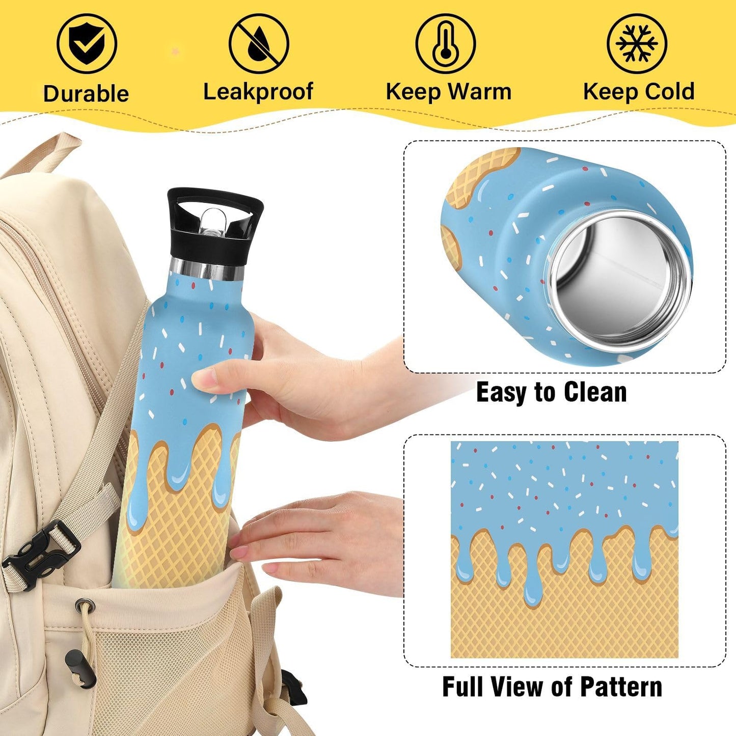 Blue Ice Cream Water Bottles for Boys Kids Stainless Steel Thermos Bottle Cups with Straw Lid Leakproof Insulated Flask Jug 20 oz