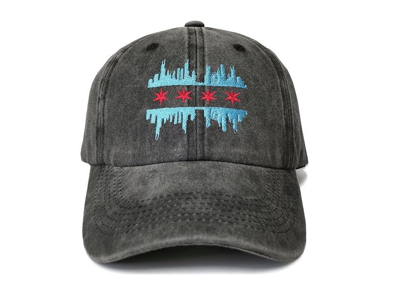 Chicago Illinois Skyline Flag Baseball Cap - Washed Black, Unisex, One Size