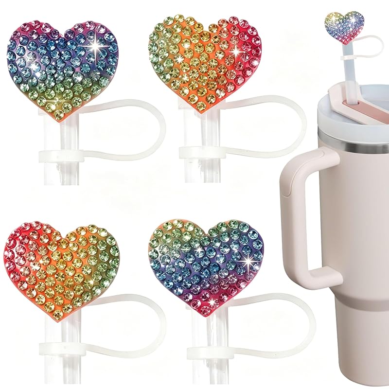 Rhinestone Heart Straw Toppers – Rainbow Sparkle 4-Pack (Hearts) – 8-10mm Universal Fit