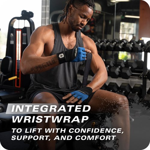 Harbinger Training Grip Wrist Wrap Gloves - Enhanced Grip & Wrist Support, Breathable Lycra Back, Padded Leather Palm, Half-Finger Design, Quick Pull Tabs, Ideal for Weightlifting, Blue, X-Large