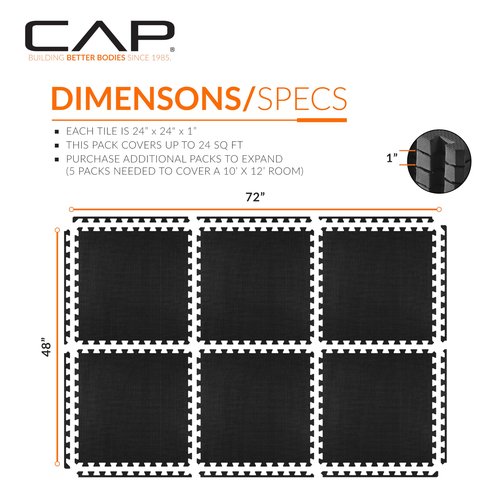CAP Barbell 1-Inch Interlocking EVA Foam Exercise Puzzle Mats - 1 Pack | 24" x 24" x 1" | T Pattern - Black