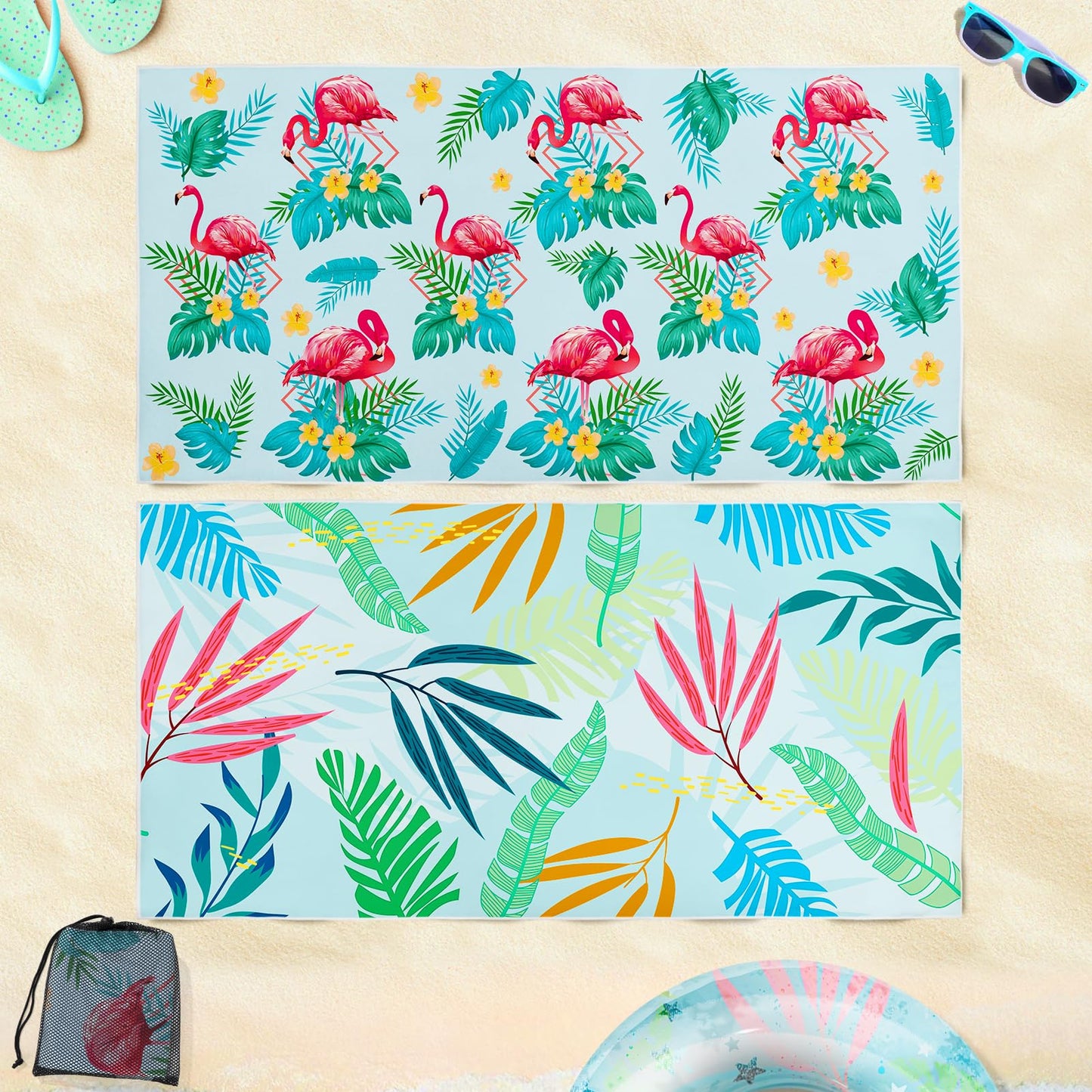 2pcs Quick Dry Flamingo Microfiber Beach Towels - Sand Free & Lightweight Pool Towels, Super Absorbent, Oversized 71'' x 35.4'', for Adults Women Bath Travel Swimming Camping