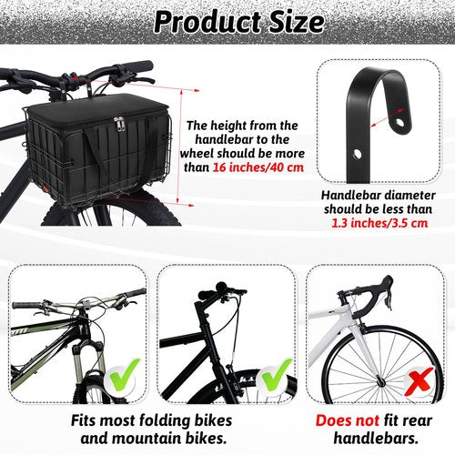 Black Bike Basket Front/Rear Large Capacity Foldable Heavy Duty Bicycle Baskets with Removable Liner Bag Strip for Adult Bikes Carrying Small Dogs Cats Pets Grocery Fruit, Large Quick Release Design