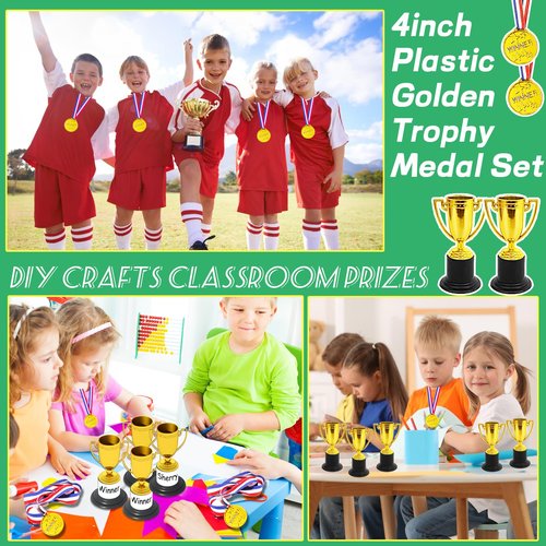Fottaqqan 48PCS Mini Awards Trophies Cups Medals for Kids,4inch Plastic Golden Trophy Medal Set,Participation Trophy for Winner Competition Sports Reward Party Favors