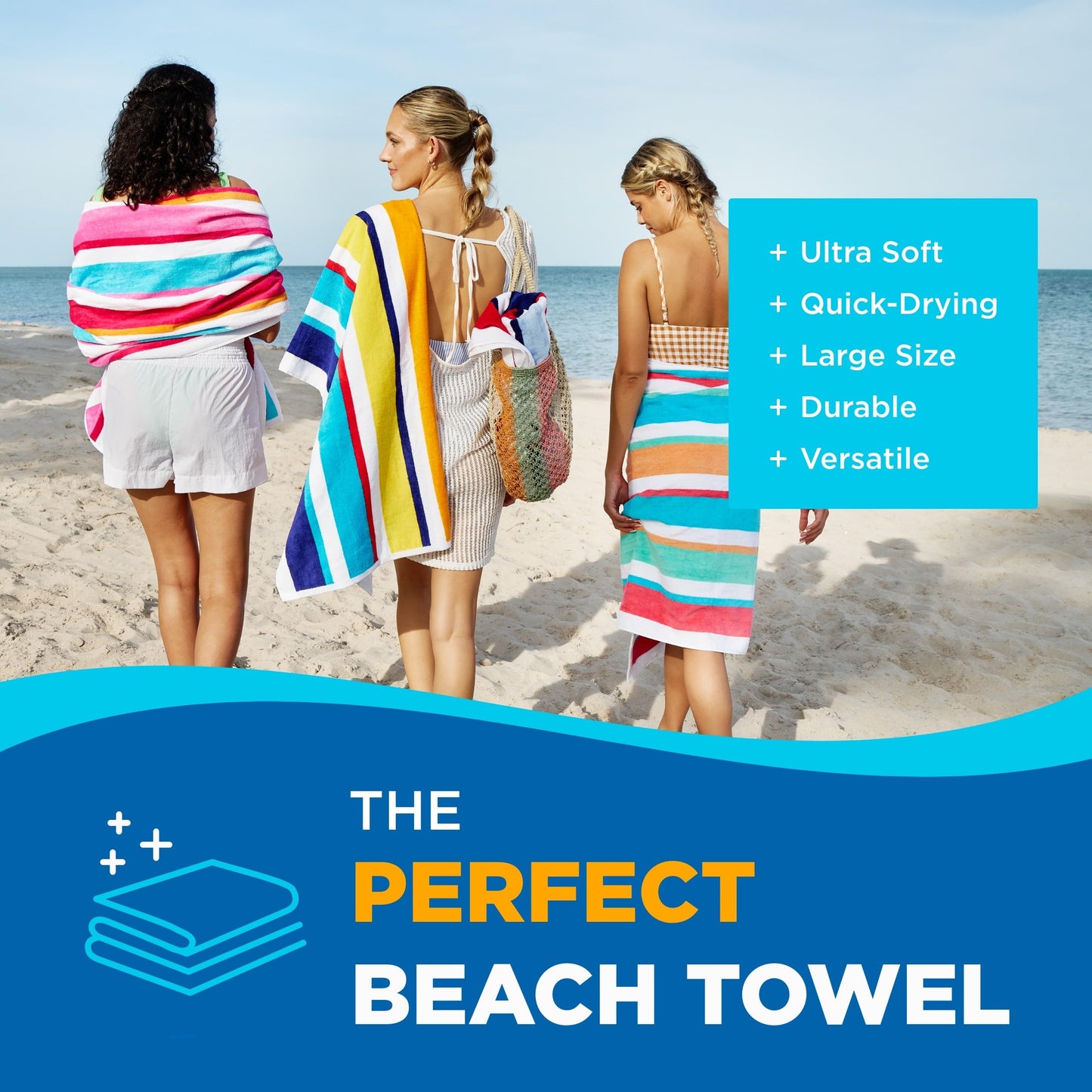 Kaufman - Joey Velour Colored Classic Multi-Color Stripe Beach & Pool Towel - Large 100% Combed Cotton Beach Towel - Soft & Absorbent Colorful Towels - 30" x 60" - 4 Pack