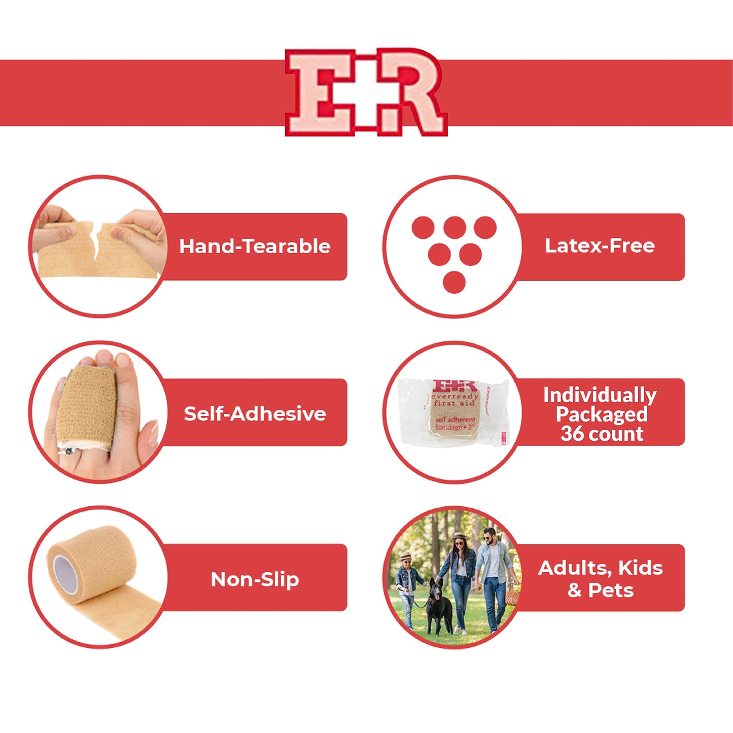 Ever Ready First Aid Self Adherent Cohesive Wrap Bandages, 2” x 5 Yards for First Aid, Sprains, Swelling, Sports, Pets, Tan Color – 12 Count