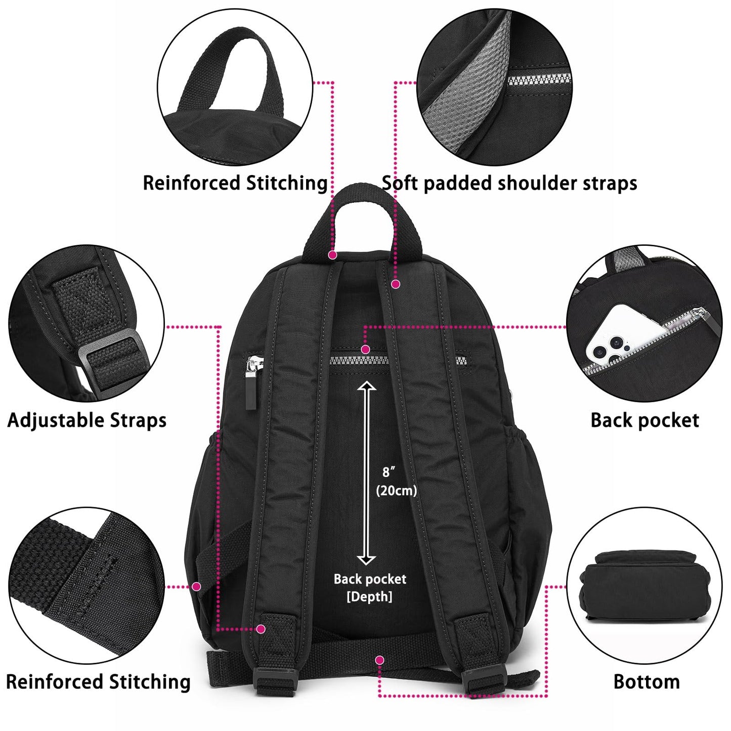 DOKUDOKU Small Nylon Backpack Mini Casual Daypack Lightweight Backpack for Women (BLACK)