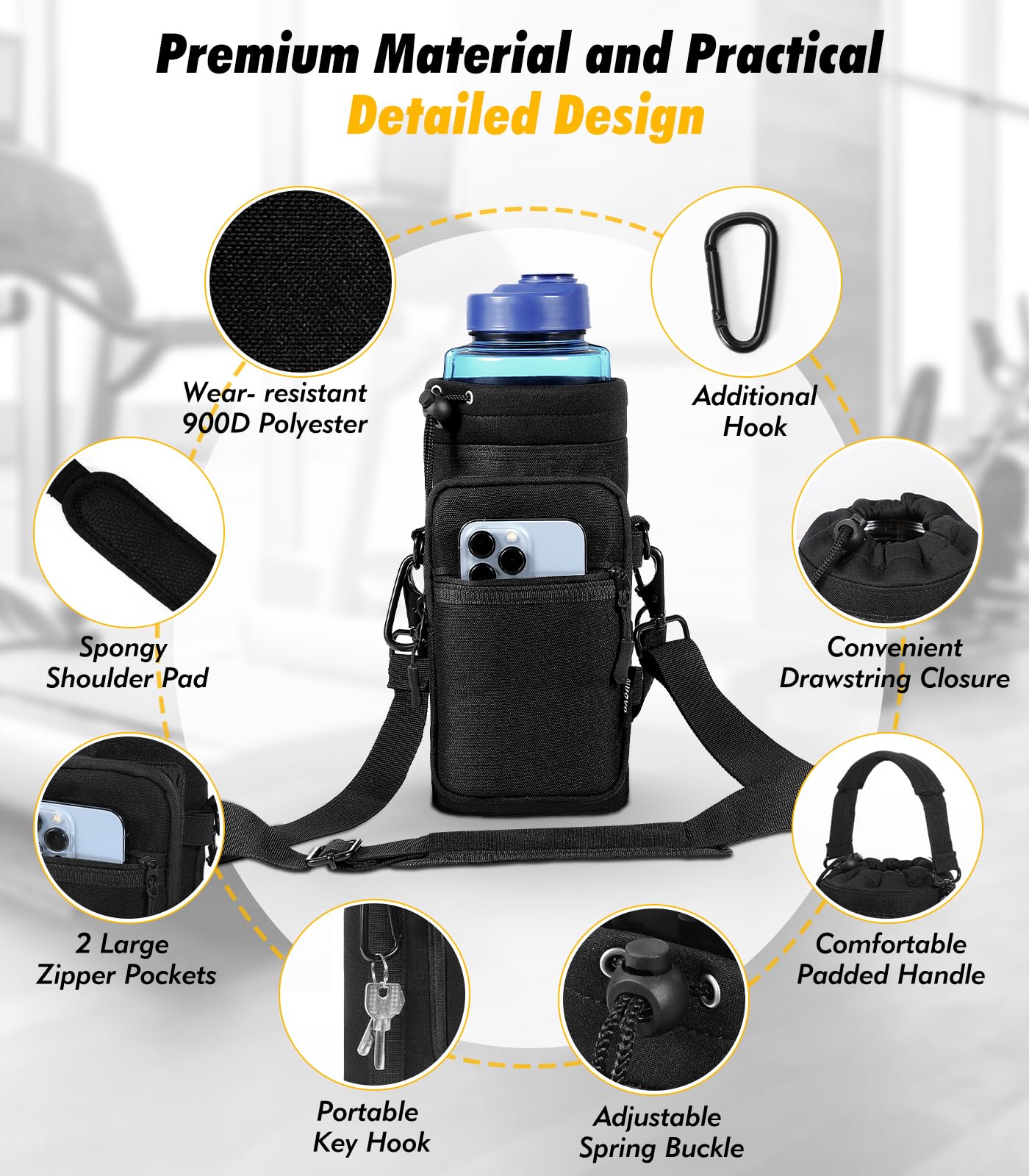 Nuovoware Magnetic Gym Bag Water Bottle Carrier Holder with Adjustable Shoulder Strap, 40oz Magnets Magnetic Gym Bag Bottle Pouch Sling, 2 Pocket Sling Neoprene Organizer Sleeve, Camouflage Green