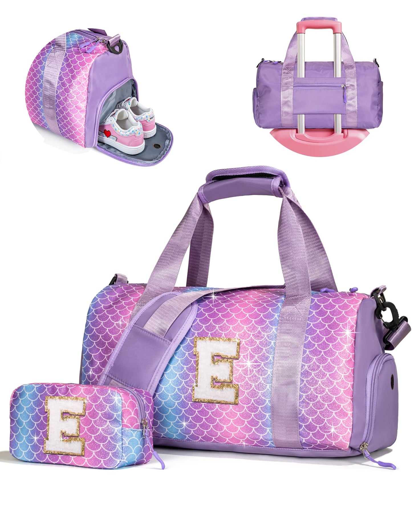 Vogewood Stuff for Girls-Birthday Gifts for 4 5 6 7 8 9 10 11 12 13 Year Old Girls-Girl Gym Bag with Shoe Compartment, Dance Bags with Makeup Pouch, Preppy Things for Grandkids (Letter E)
