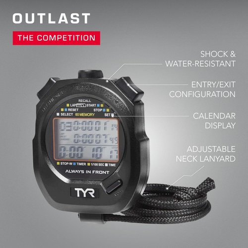 TYR Z200 Stopwatch – Professional Digital Timer with Split Memory, Water-Resistant, Ergonomic Design for Swim, Track & Field, and Sports Training