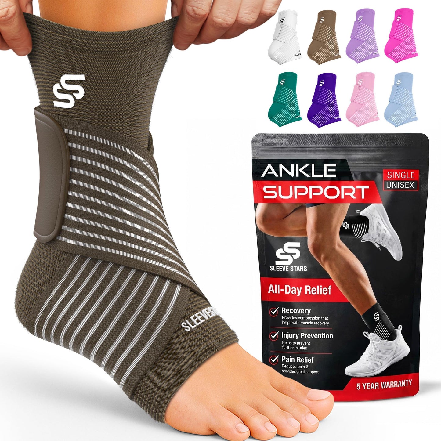 Sleeve Stars Ankle Brace for Women & Men, Ankle Wrap for Sprain, Compression Sleeve for Plantar Fasciitis Relief, Easy Customizable Support: w/ Removable Strap (Pair/M:10"-12"/Dark Brown)
