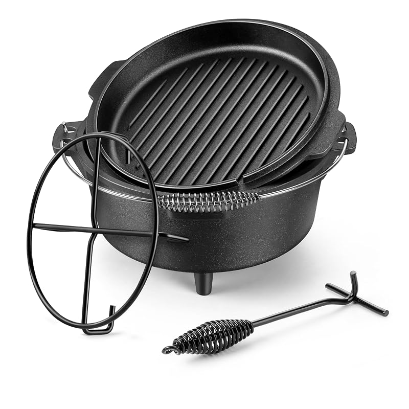HaSteeL 7 QT Cast Iron Dutch Oven with Lid Lifter & Camping Rack - 3-Piece Variation