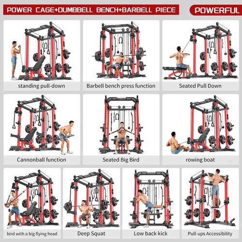Power Cages Multi-Purpose Squat Rack with Cable Crossover System, Matching Weight Bench, Olympic Barbell Weight Set for Garage and Home Gyms (Black, L02-Power Cage+Weight Bench+Cast lron 308LBS)