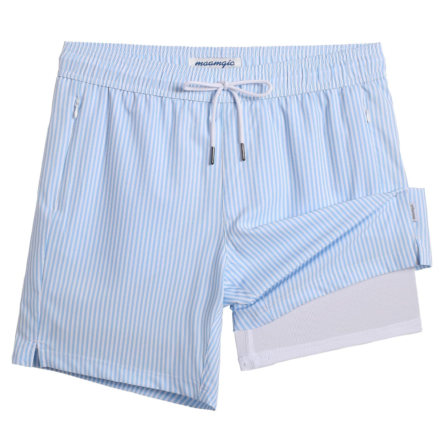 maamgic 2 in 1 Mens Swim Trunks 7 Inch Swim Shorts Swim Suits Board Shorts Blue Stripe-White Small