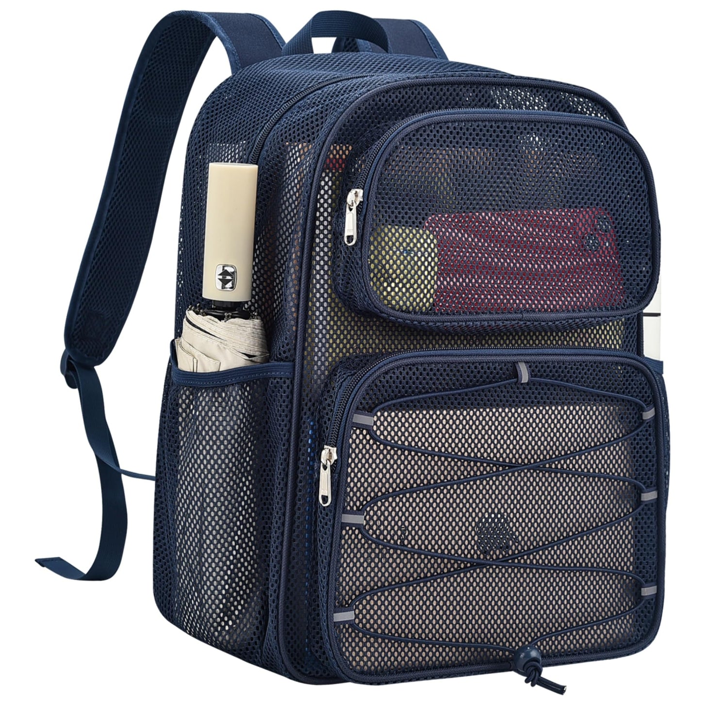 Bagenius Mesh Backpack Heavy Duty See Through Mesh Bag with Paded Strap Large Capacity for Sports Hiking Travel Outdoor Beach, Blue-30L