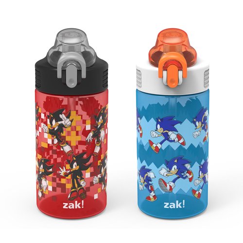Zak Designs Sonic the Hedgehog Water Bottle 16oz Durable Plastic 2-Pack Set | Sage, Kids, For School or Travel, Water Bottle With Straw, Handle, Leak-Proof, Pop-Up Spout Cover, Sonic & Shadow