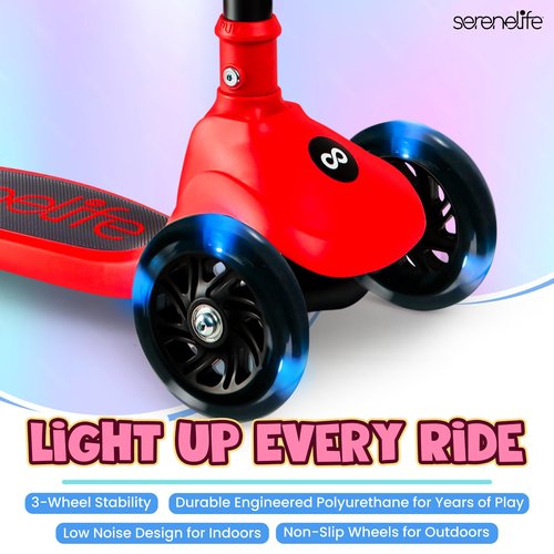 SereneLife 3 Wheel Foldable Kids Scooter - Foldable Seat, LED Wheel Lights, Adjustable Handlebar, Rear Foot Brake, Lean-to-Steer, Anti-Slip Deck, Ideal for Toddlers Kids 3+, up to 110Lbs, Red