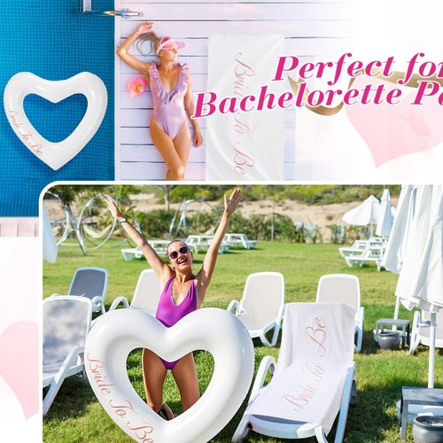Halloscume 2 Pcs Bride Beach Towel and Pool Float for Bachelorette Gifts 63 x 31 Inch White Beach Towel 47 x 39 Inch Heart Pool Float for Bachelorette Bride Shower Party Favors Wedding Summer