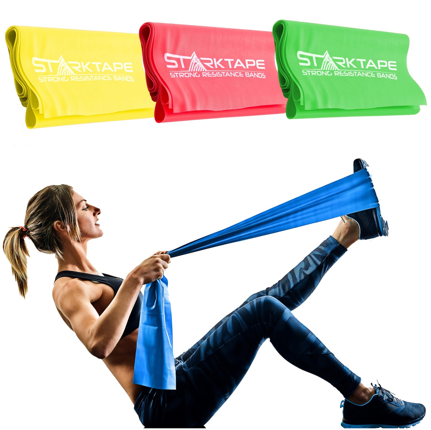 Starktape Resistance Bands Set. 3 or 5 Pack Non-Latex Physical Therapy, Professional Elastic Band. Perfect for Home Exercise, Workout, Strength Training, Yoga, Pilates, Rehab, Gym