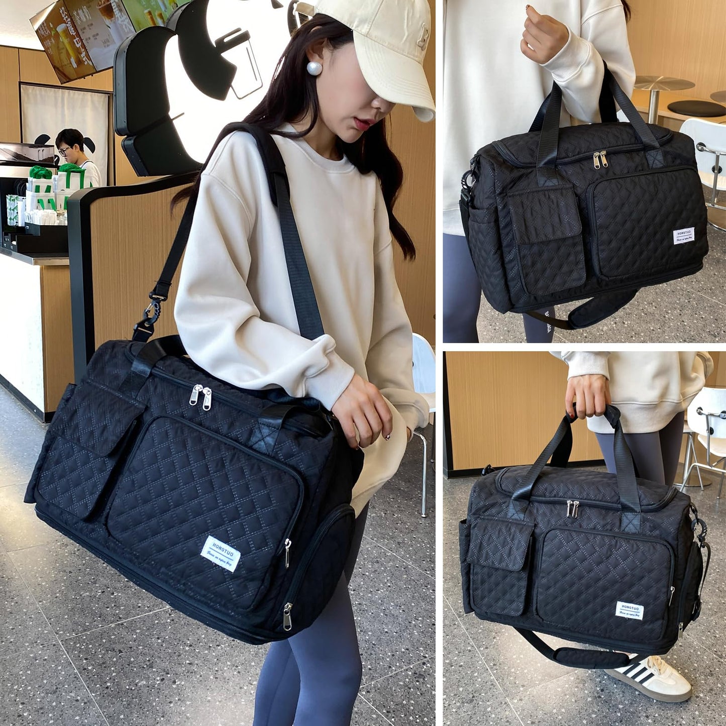 Black Weekender Travel Bag for Women with Shoe Compartment, Waterproof Extendable Travel Duffle Bag, Overnight Gym Tote Bag, Carry On Bag with Toiletry Bag