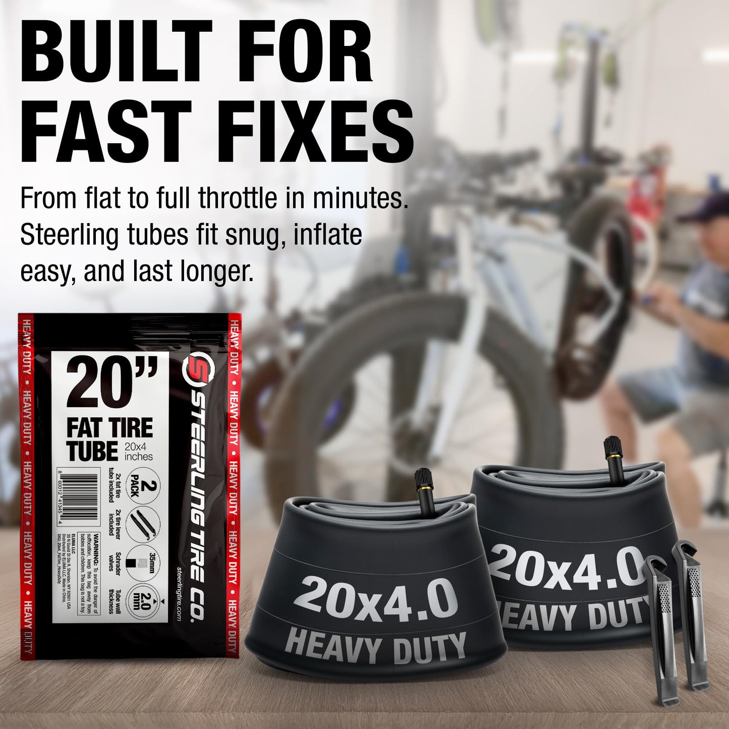 20x4.0 Fat tire Tube (2 Pack) - Heavy Duty Replacement for E-Bikes with 20x4.0 Fat tire Wheels. Schrader Valve with 2 Tire Levers Included. Inner Tube for 20 inch Ebike Electric Bicycle