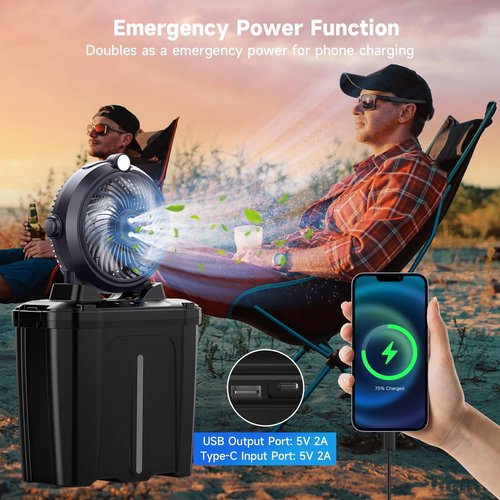 ROWXubau Portable Misting Fan with 11L Large Bucket for Outdoor Patios, 20000mAh Battery Operated Camping Fan with Hanging & Lighting, 3 Speed & 3 Spray Outlets, Rechargeable Fans for Fishing Garden