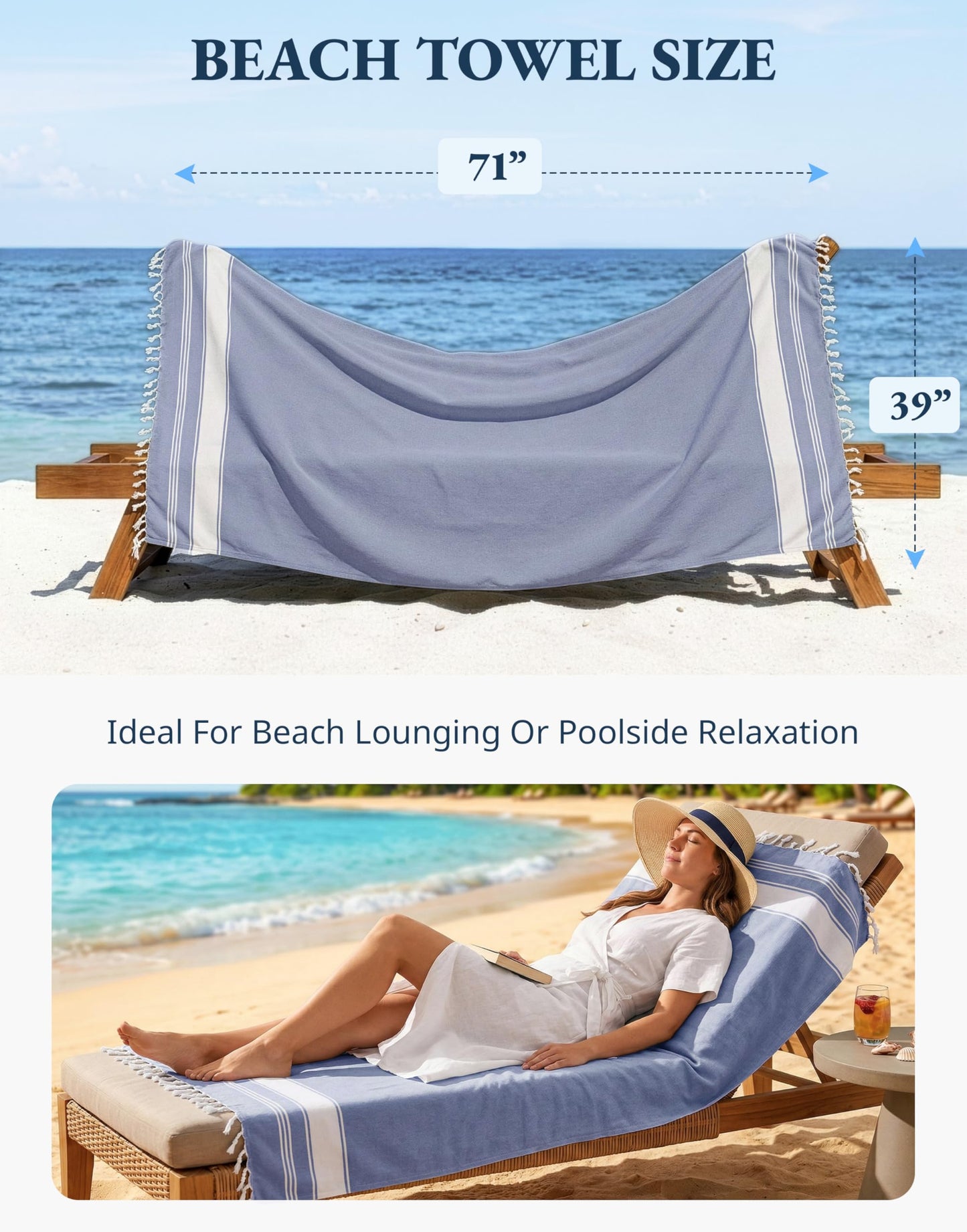 LANE LINEN Turkish Beach Towels, 2 Pack Extra Large Beach Towel, Pre-Washed for Soft Feel, Oversized Sand Free Quick-Dry Pool Towel, Beach Towels for Adults, 39"x71" - Forever Blue