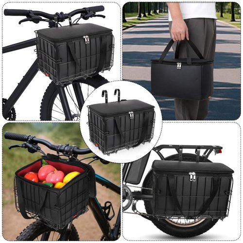Black Bike Basket Front/Rear Large Capacity Foldable Heavy Duty Bicycle Baskets with Removable Liner Bag Strip for Adult Bikes Carrying Small Dogs Cats Pets Grocery Fruit, Large Quick Release Design