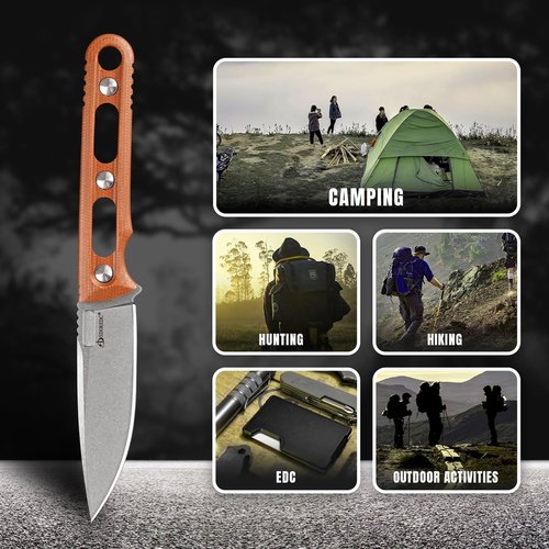 SDOKEDC Knives DC53 Steel 3.66“Tactical Fixed Blade Knife Micarta Handle with kydex sheath for Men EDC Outdoor Camping Survival Hunting (White stone wash+brown handle)