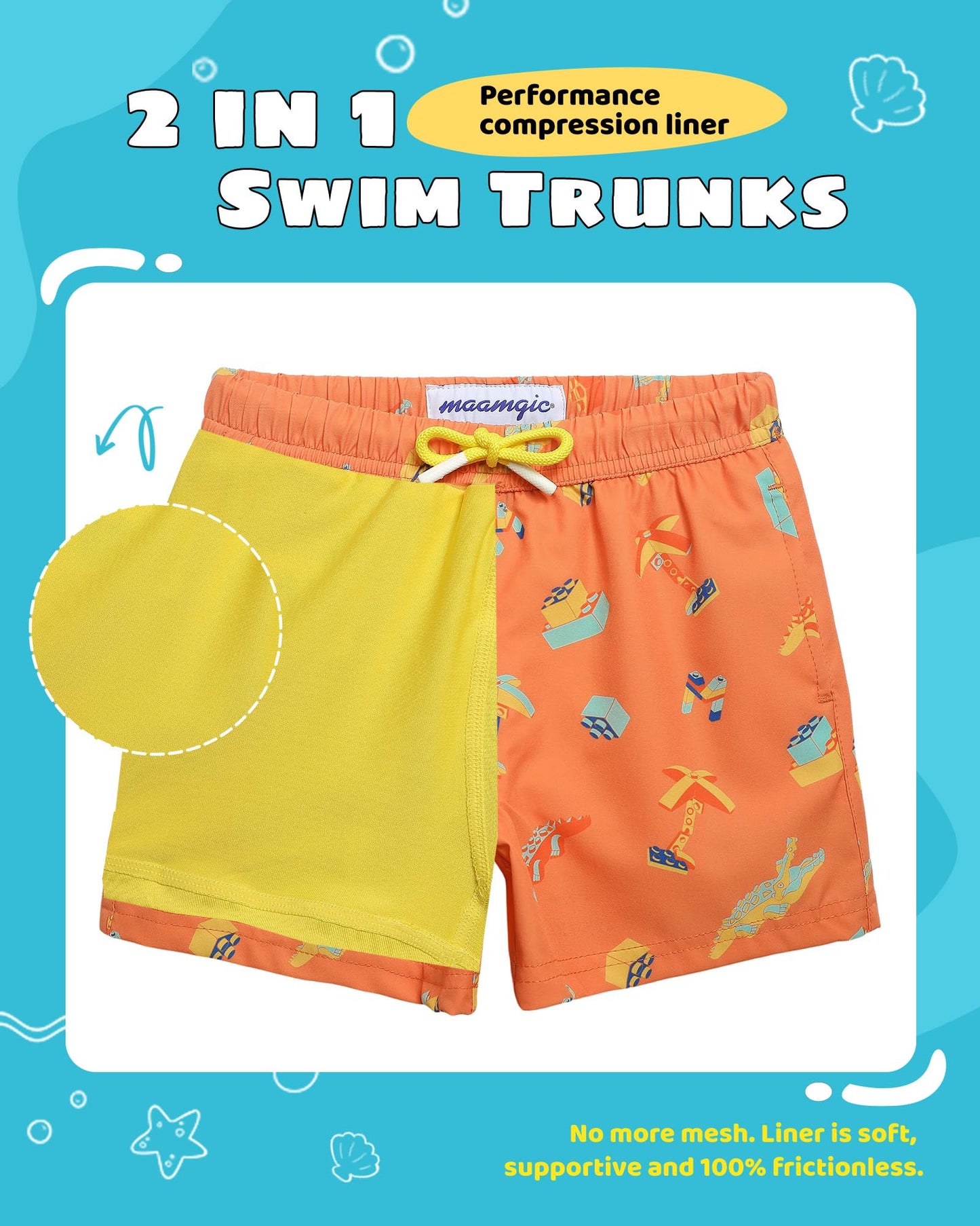 maamgic Boys Swim Trunks with Compression Liner Toddler Stretch Swim Shorts Quick Dry Swimming Trunks Boxer Brief 2 in 1 Beach Shorts Orange Blocks 5/6