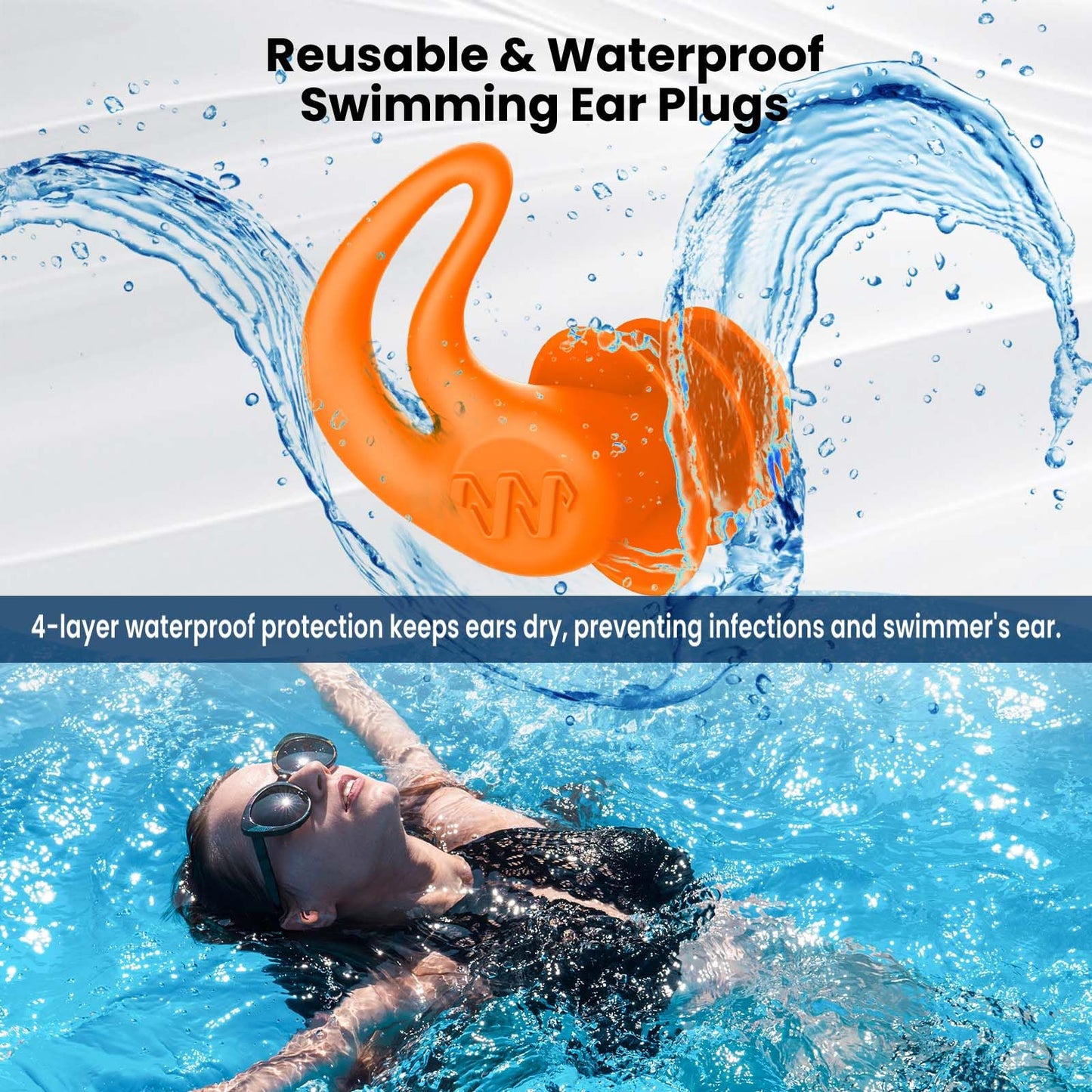 Waterproof Ear Plugs for Swimming Adults - 4 Pairs Reusable Silicone Ear Plugs for Women & Men, Keep Ear Water Out Swimming, Showering, Bathing, Surfing, Water Sports