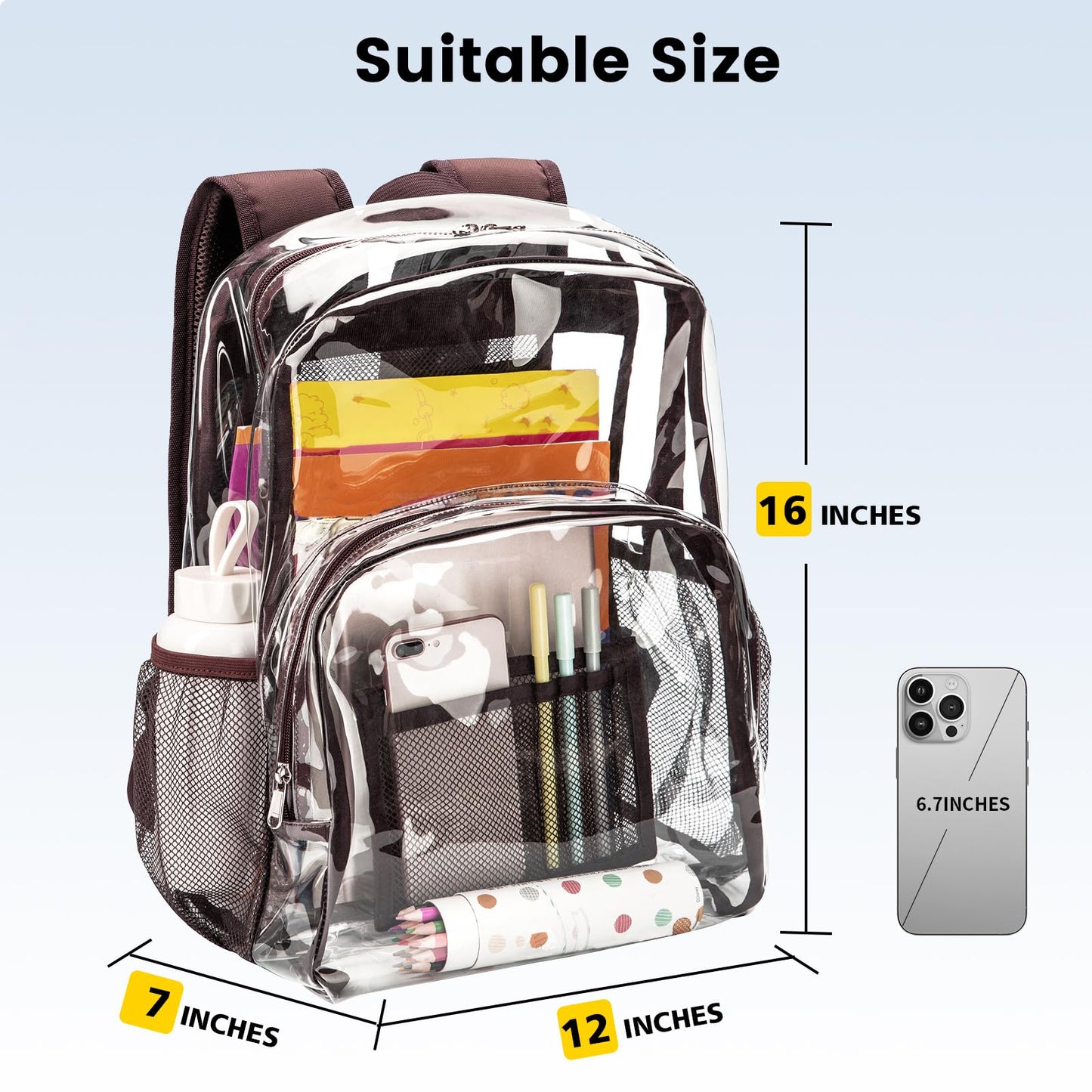 Vorspack Clear Backpack Heavy Duty PVC Transparent Backpack with Reinforced Strap Stitches & Large Capacity for College Workplace Security - Coffee