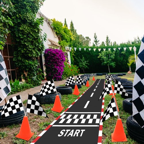 AHIER 38 Pcs Traffic Cones and Racing Flags Set - 12 Plastic Cones With Hole, 24 Checkered Flags With Sticks, 6.5Ft Racetrack Floor Runner and 9.8ft Race Track Banner