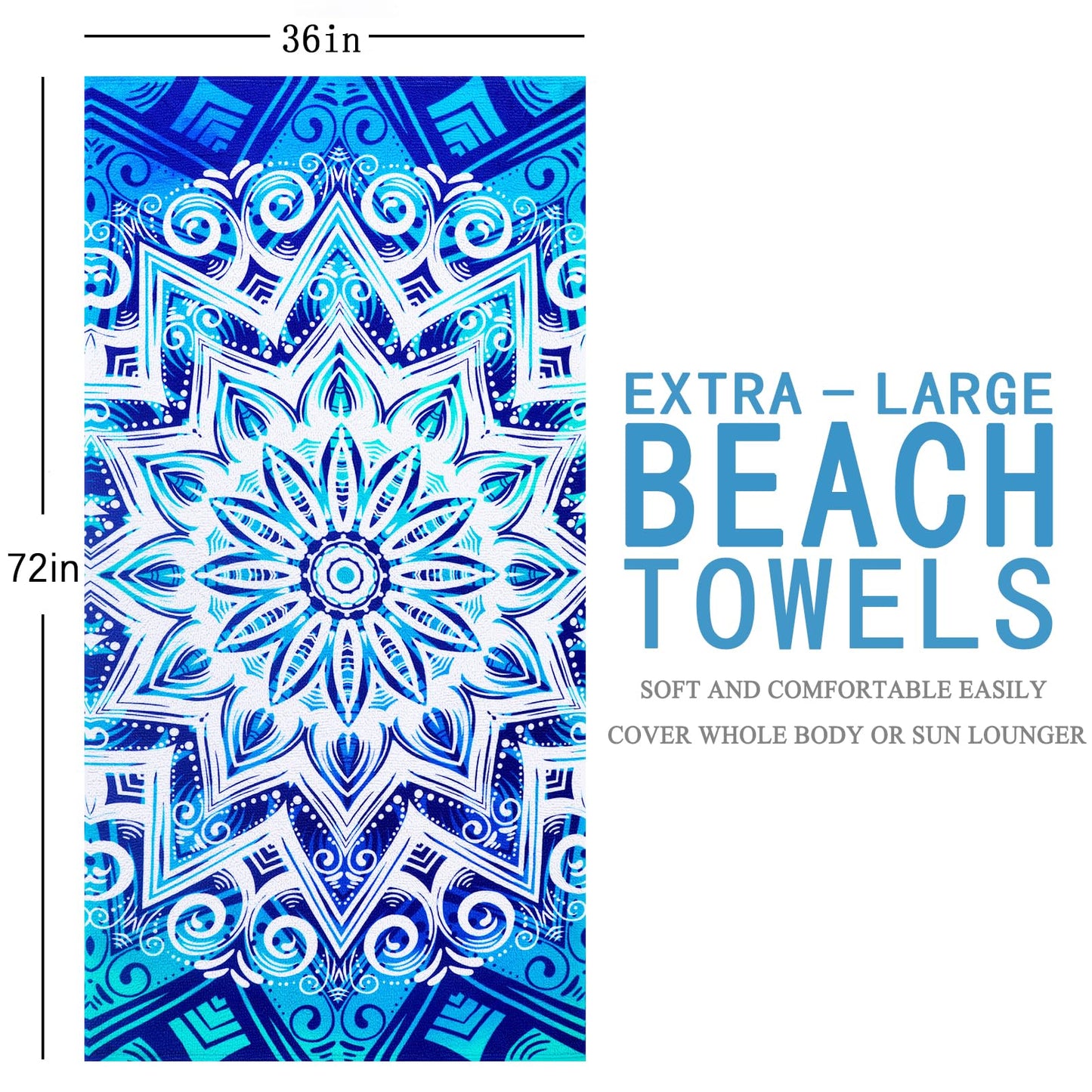 Genovega Oversized Terry Beach Towel 36 x 72 in Soft Extra Large Big Pool Swim Towels for Adults XL Clearance Big Travel Blanket Cruise Vacation Accessories Mandala Blue Essentials Lounge Chair Cover