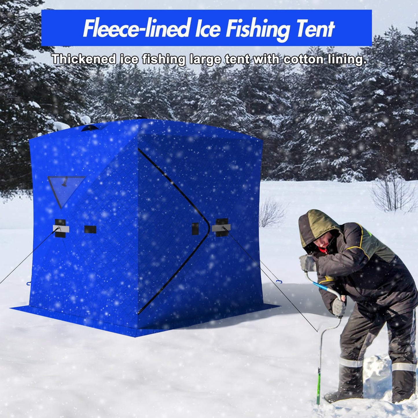 Insulated Pop-Up Ice Fishing Tent - Portable Hub-Style Shelter with 2 Zipper Doors for 3-4 People, Durable Oxford Fabric with Cotton Padding Ice Shack for Winter Fishing Trip, Blue