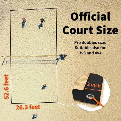 SandVoll Beach Volleyball Lines for Sand - Portable 2 inch Boundary Lines Set for Outdoor + Sand Anchors and Net Bag. Official Court Size Dimensions (26.3' x 52.6')
