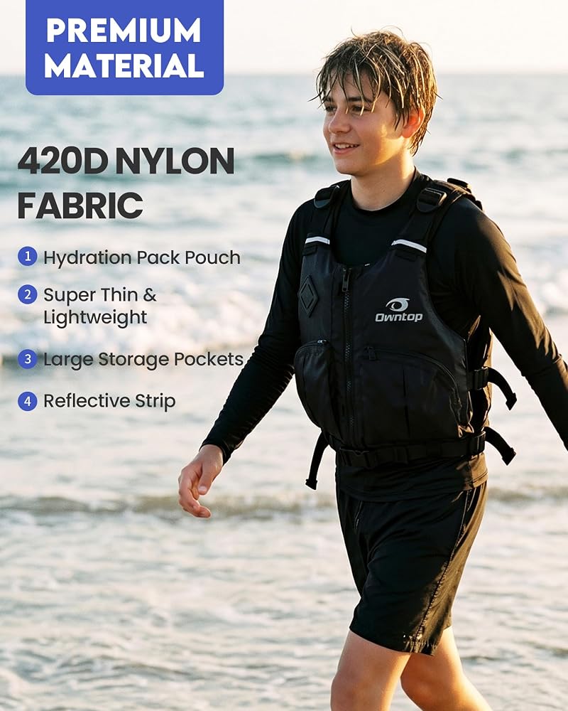 Owntop Swim Vest for Adults - Adjustable Waist, Zip & Buckle Closure, Black XS/S (75-125 lbs) for Kayaking, Fishing & Boating