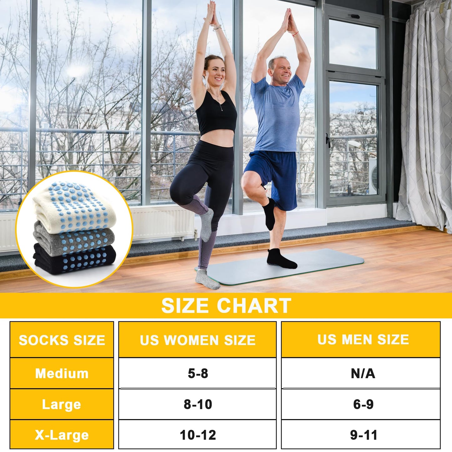 SkiBeaut 6 Pairs Non Slip UnisexGrips Socks Pilates Men Women Anti Skid Grippers Lady Mens Cushion Socks for Yoga Barre Home & Hospital, US Size 5-8