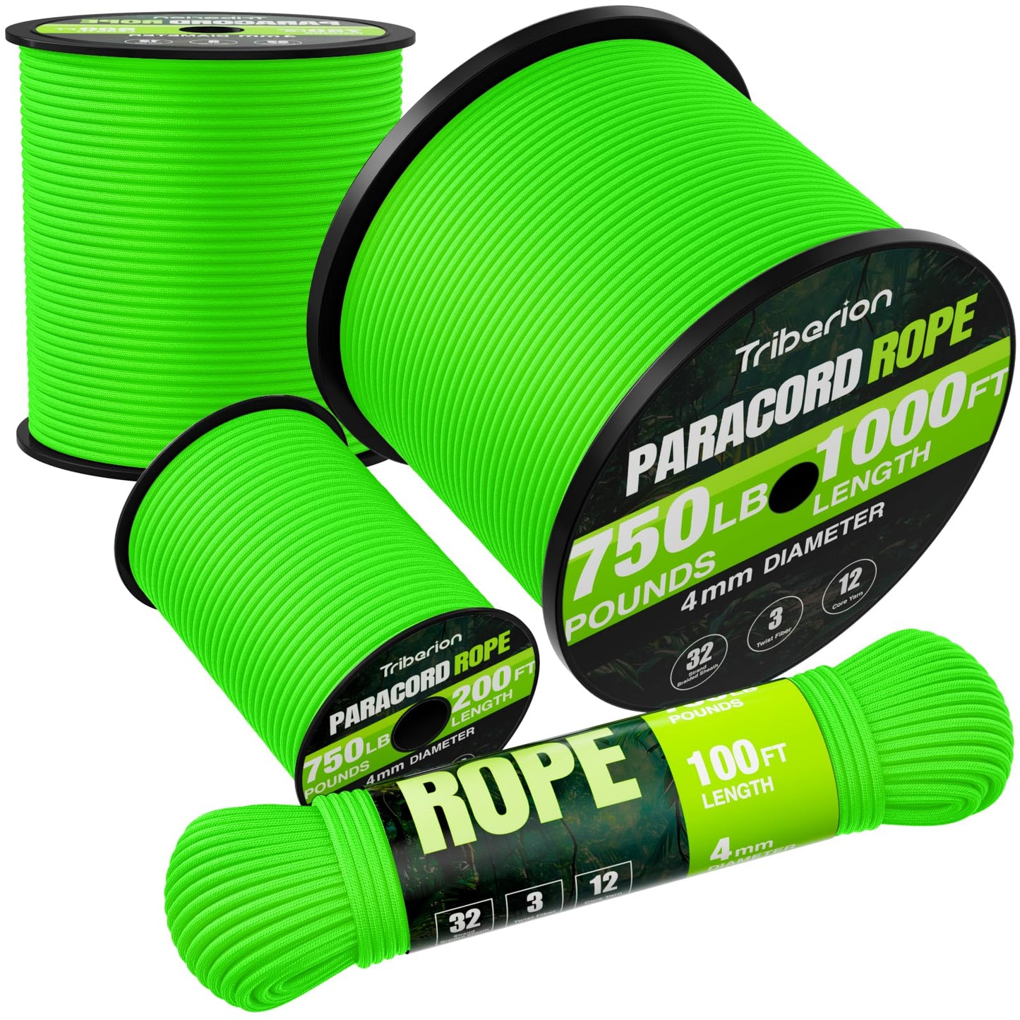 TRIBERION Paracord Rope 750 lb - 1000ft 5/32" Parachute Cord 4MM 12-Strand para Cord - Heavy Duty Spool String for Survival,Camping Gear, Survival Bracelet, Clothesline - Neon Green