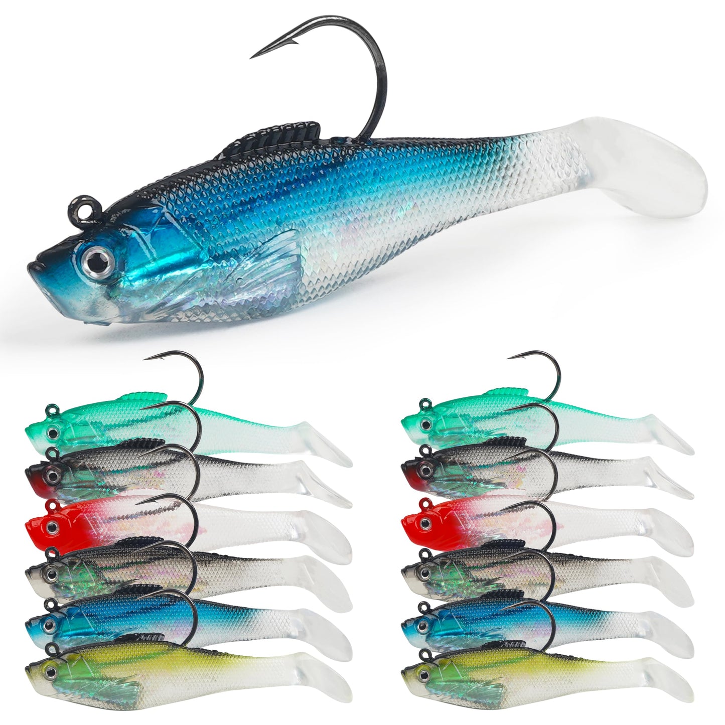 Pre-Rigged Swimbaits, 6/12pcs Paddle Tail Swim Baits Swim Shad Jig Head Fishing Lures Soft Plastic Swimbaits for Bass Trout Walleye Crappie 8cm 12pcs