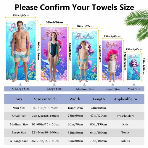 Infiher Personalized Beach Towels for Kids,Custom Kids Monogrammed Towels with Name,Customized Microfiber Quick Dry & Sand Free Beach Towel for Swim,Bath,Pool,Gifts,Girls Mermaid Towel(2 Styles)