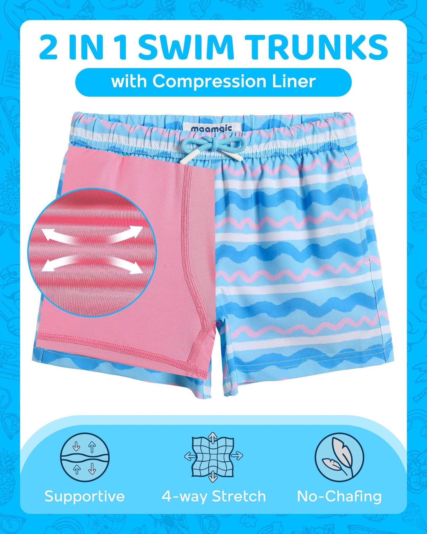 maamgic Boys Swim Trunks with Compression Liner Toddler Boy Swimsuit Quick Dry 4-Way Stretch Swimming Trunks Colorful Wave Line 10-12 Years