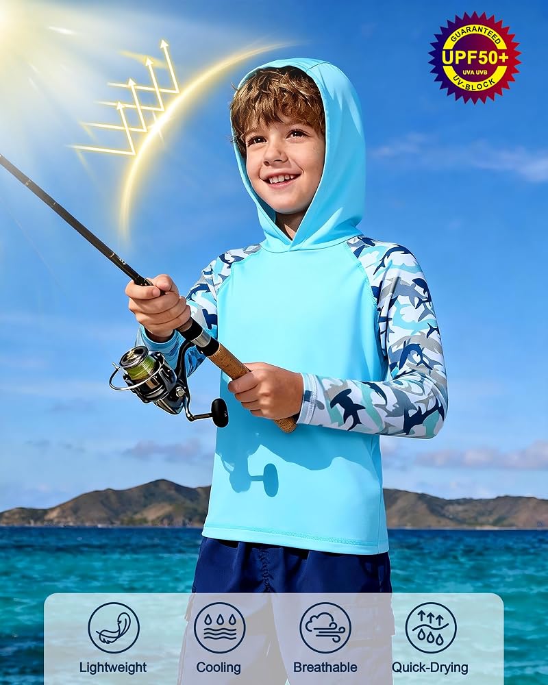 Boys Rash Guard Swim Hoodie - Long Sleeve Sun Protection Shirt, Azure Blue 4T
