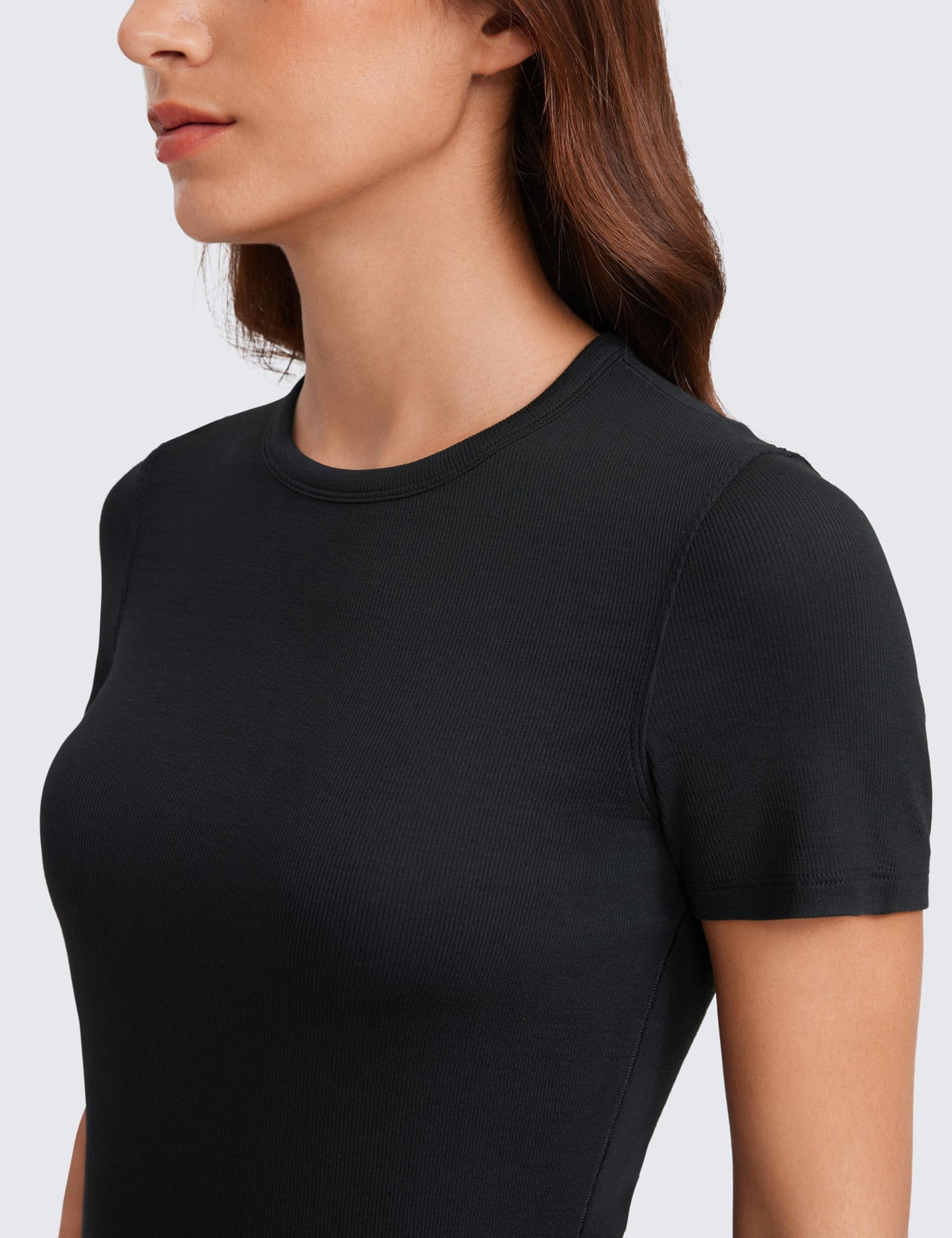 CRZ YOGA Womens Ribbed Modal Casual Short Sleeve Crew Neck Basic Shirts Going Out Soft Fitted Stretchy Athletic Workout Tops Black Medium